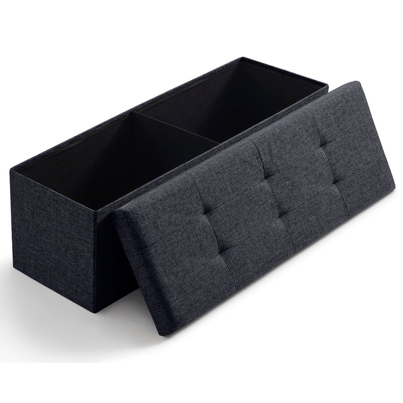 Foldable Tufted Linen Storage Ottoman Bench