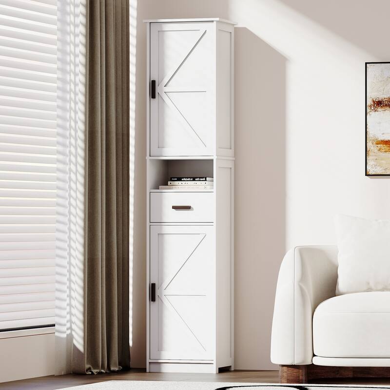 69"H Tall Bathroom Cabinet with Adjustable Shelves, 2 Barn Doors & 1 Drawer