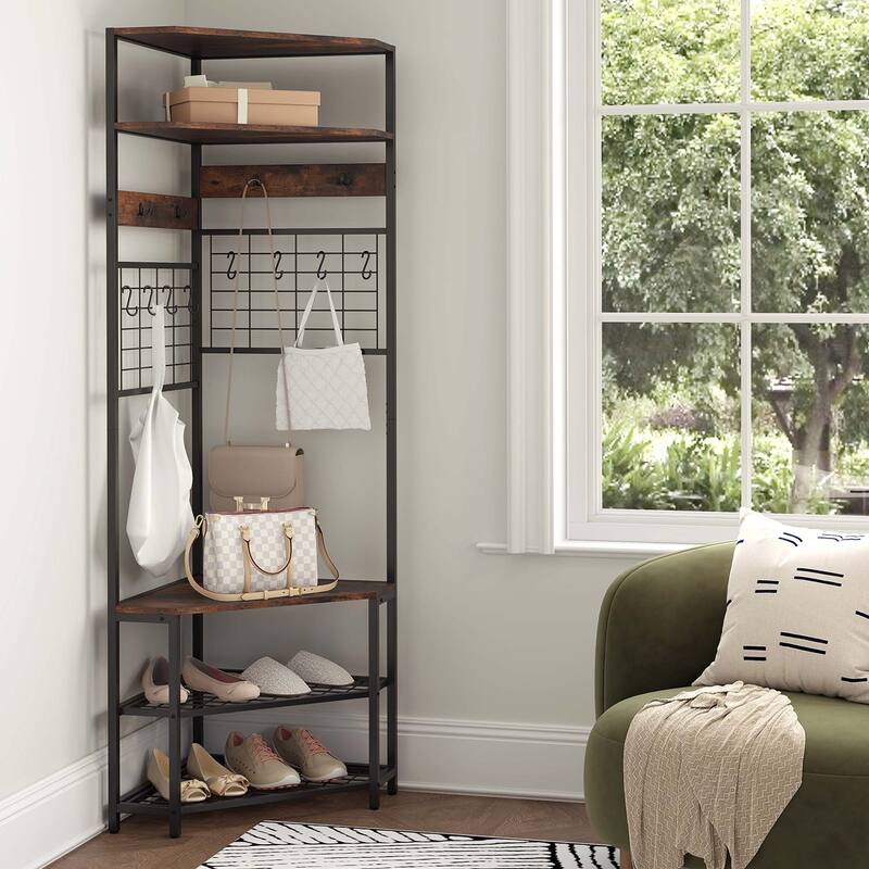 Gymax 5-Tier Corner Hall Tree w/ Shoe Storage Bench 12 Metal Hooks for