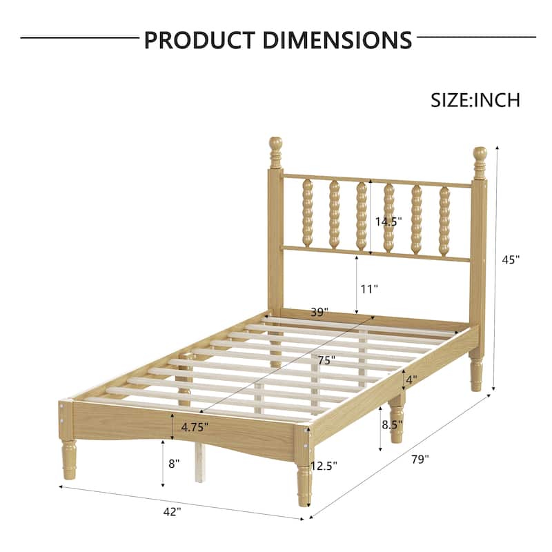 Twin/Full/Queen/King Retro Style Wood Platform Bed with Gourd Headboard and Wooden Slat Support