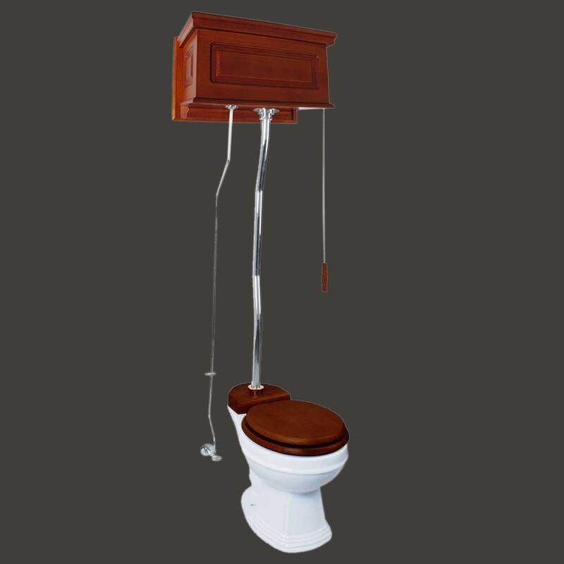 High Tank Toilet - Light Mahogany Raised Tank, Chrome Z Pipes and Elongated White Bowl Renovators Supply