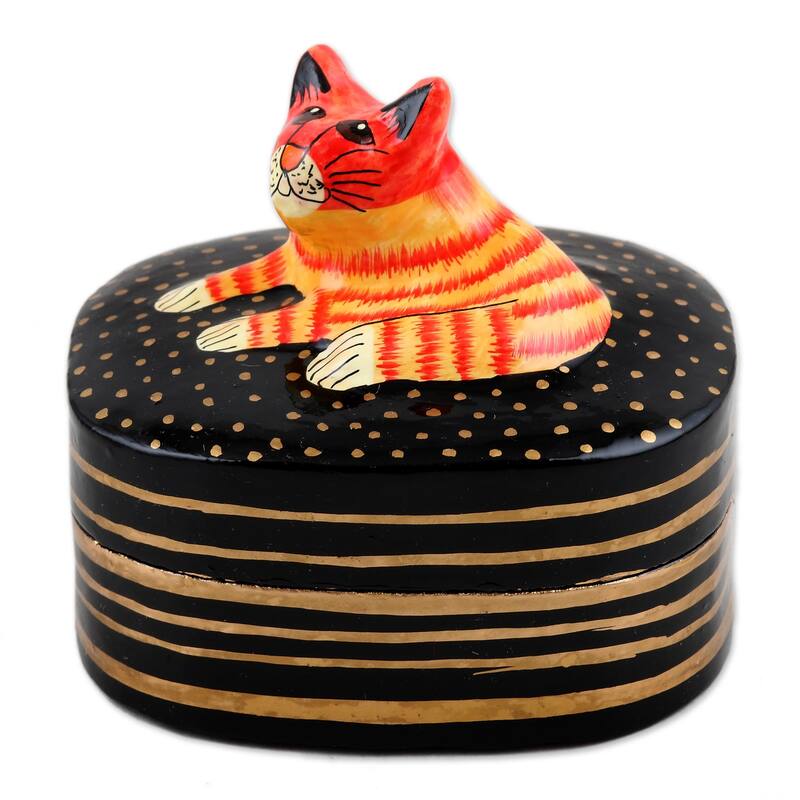 Novica Handmade Feline Friend Papier Mache And Wood Decorative Box