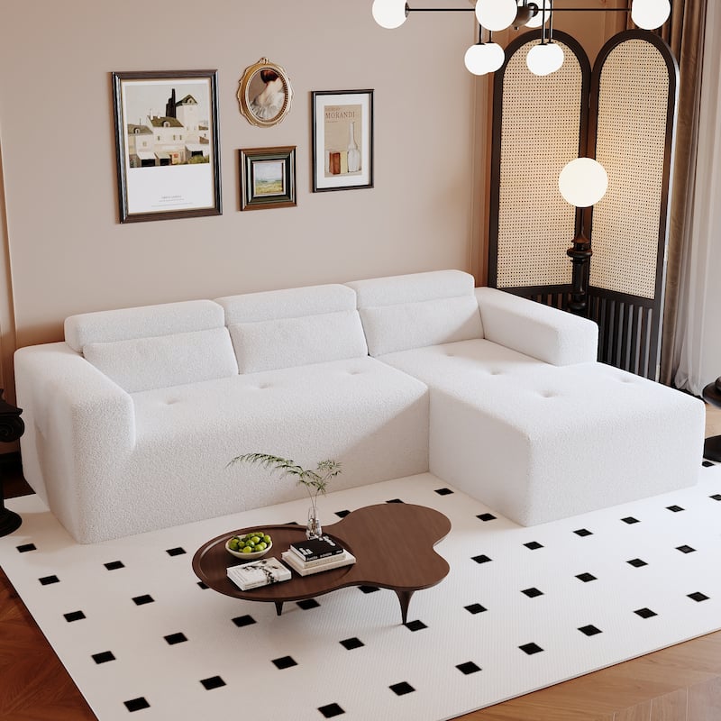 Christopher Knight Home - 109" Modern Modular Sectional Sofa, Teddy Fabric L-Shaped Couch with Chaise & Pillows
