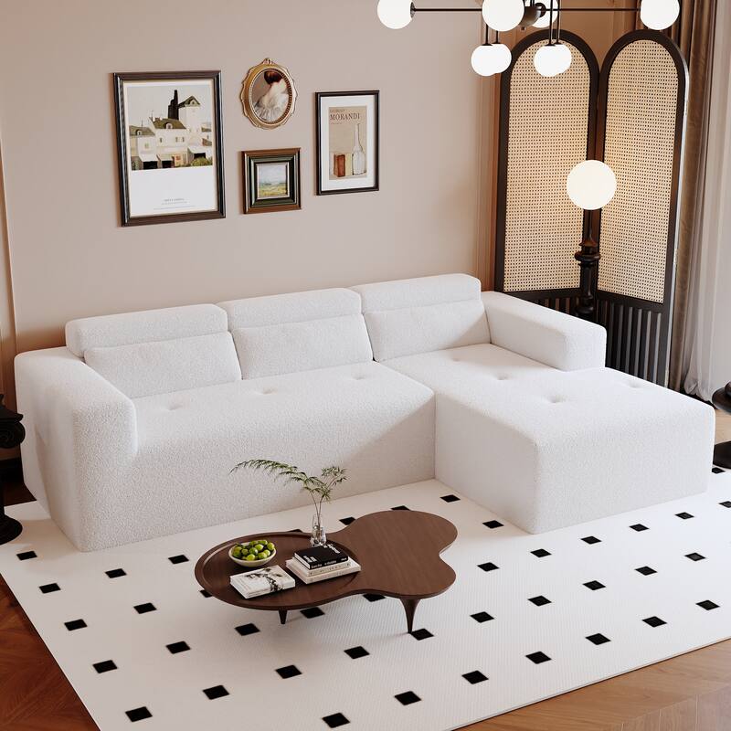L Shaped Modular Sectional Cloud Sofa with Chaise, Teddy Fabric 3 Seat Corner Sofa, Upholstered Couch with Pillows - White