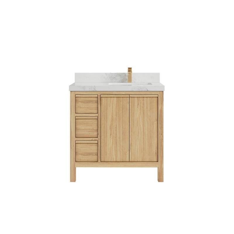 Willow Collections 36 in. W x 22 in. D Elizabeth Solid Teak Right Offset Sink Bathroom Vanity with Countertop - 2" Calacatta Nuvo - Light Natural Teak