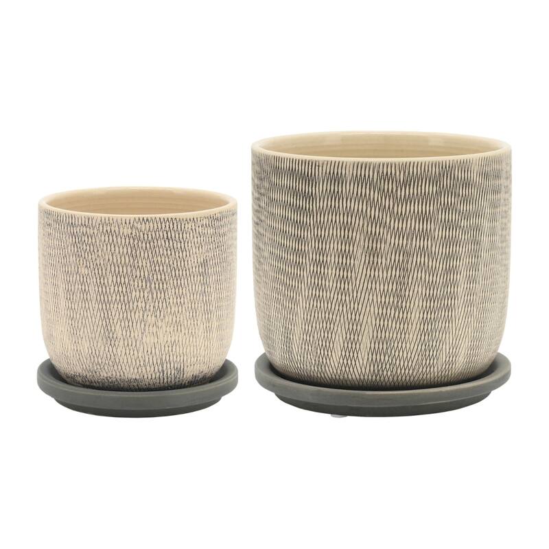 Mesh Cearmic Planters with Saucers- 6" - Gray and Beige - Set of 2