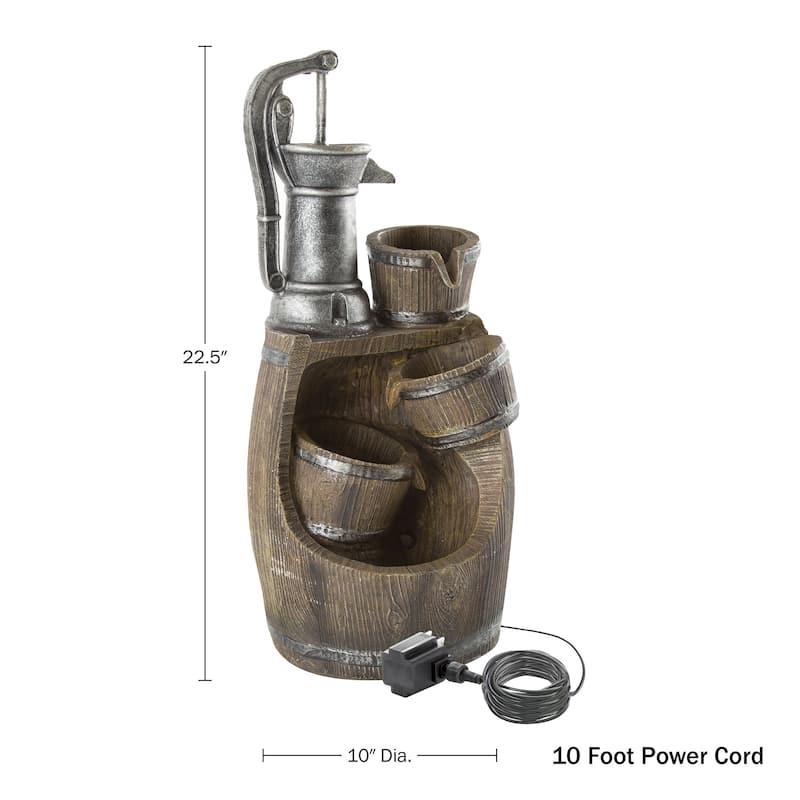 Old Fashion Hand Pump Fountain- 4-Tier Polyresin Barrel Cascading Waterfall with LED Lights by Pure Garden