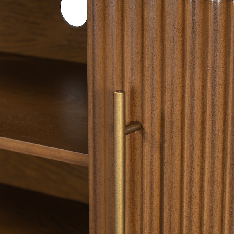 TV Stand Media Console with Fluted Door Cabinets, Solid Wood Legs