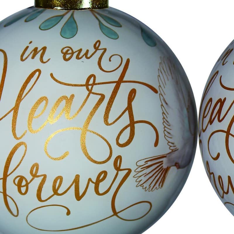 White and Gold In Our Hearts Forever Hand Painted Mouth Blown Glass Ornament - 3" x 3" x 3"