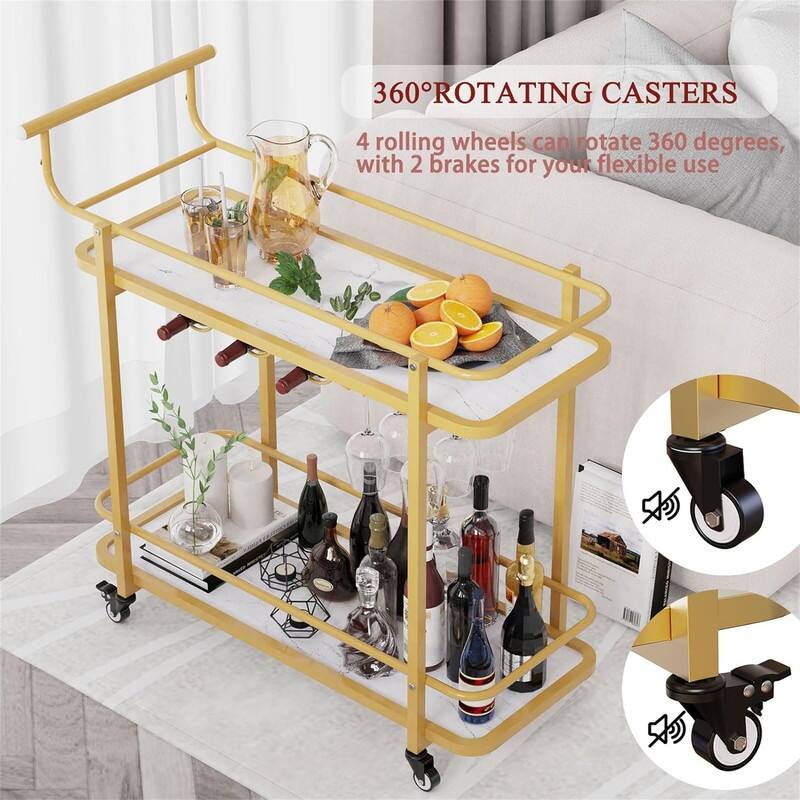 Gold Bar Cart with Wheels for Home 2 Tier Mobile Serving Cart - 16.53"D x 35.4"W x 35.4"H