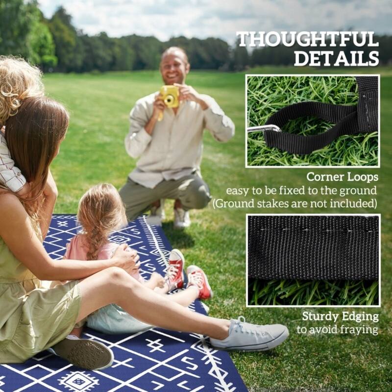 Reversible Outdoor Rug Rhombus Pattern, UV-Protected Foldable Polypropylene Mat with Carry Bag - 215.7" L x 107.9" W