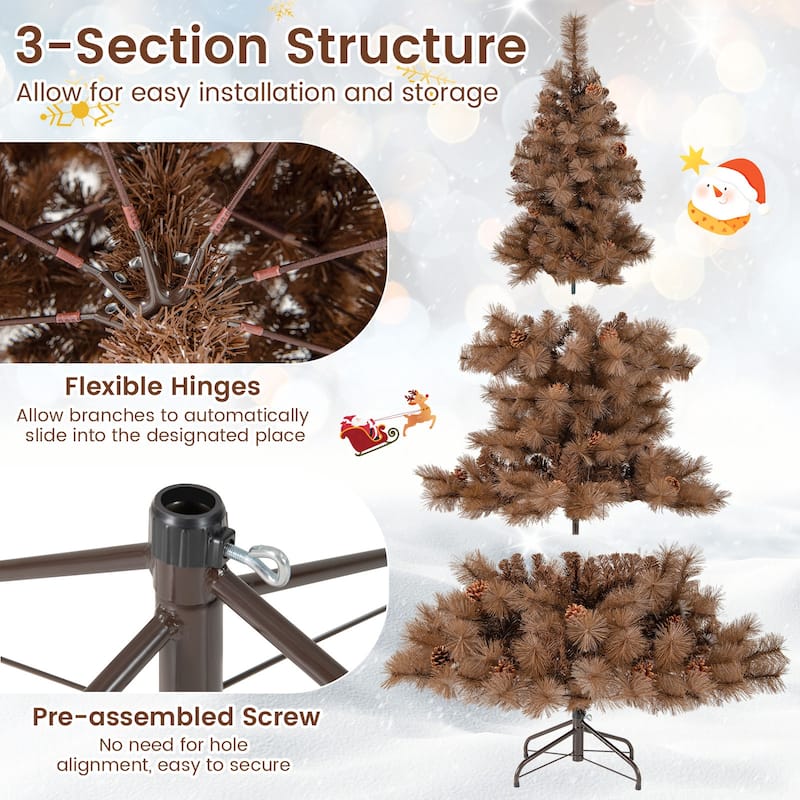 Gymax 6 FT Pre-Lit Artificial Christmas Tree Hinged Chocolate-Color