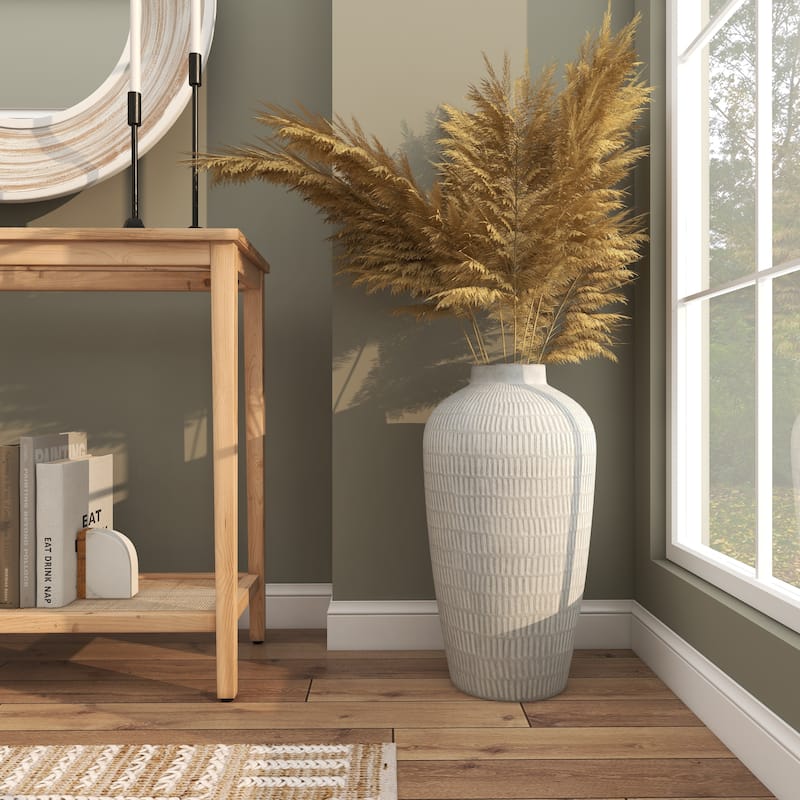 Ceramic Textured Decorative Vase with Linear Pattern - Cream - Roche River Decor