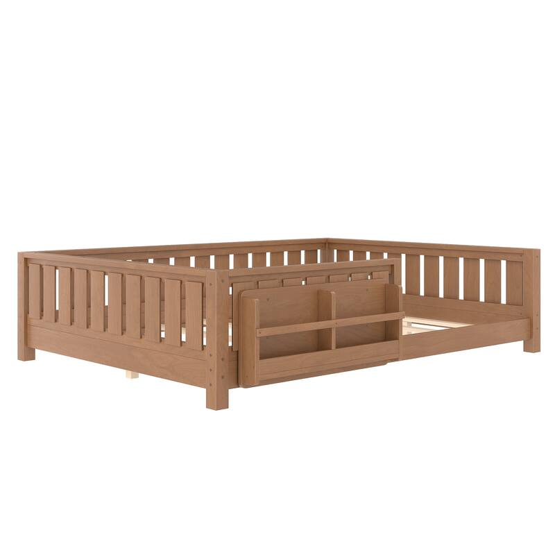 Montessori Floor Bed Low Profile Kids Bed with Rails & Bookshelf