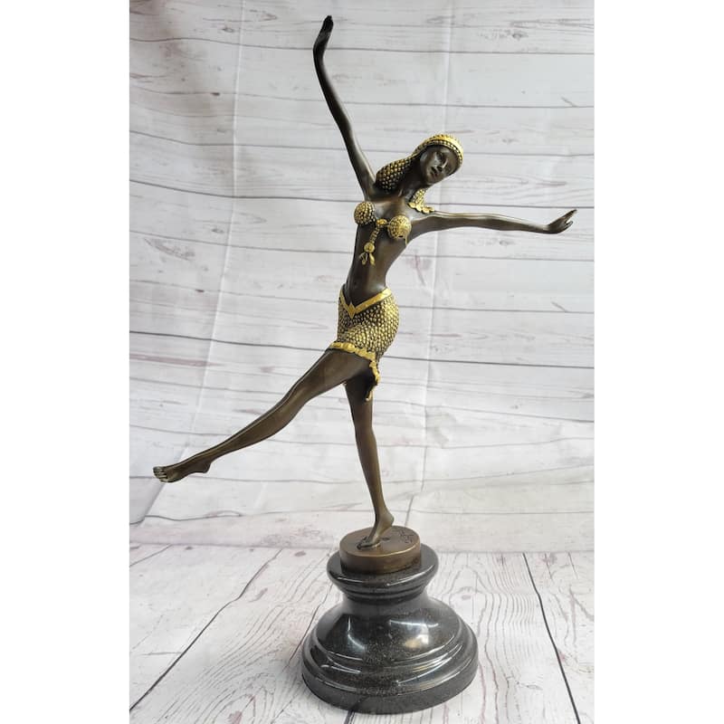 Gold Patina Chiparus Exotic Dancer Bronze Satue Sculpture Marble Base Figurine