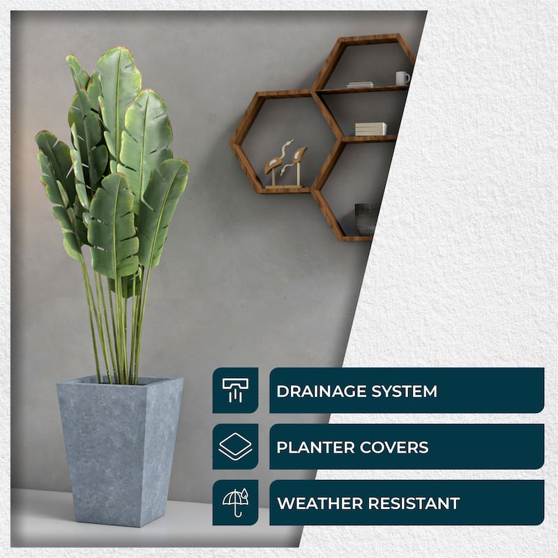 Serene Modern Square Tapered Fiberstone MGO Planter with Drainage Holes, Cover & Weather-Resistant Indoor Outdoor Plant Pot