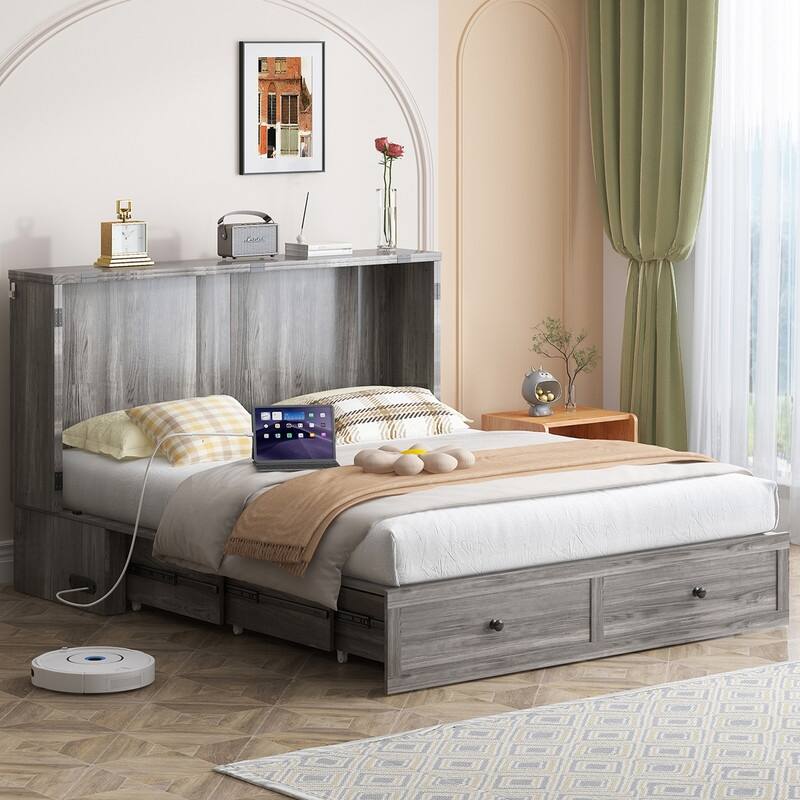 Mixoy Modern Full/Queen Size Murphy Bed Chest with Mattress and Storage