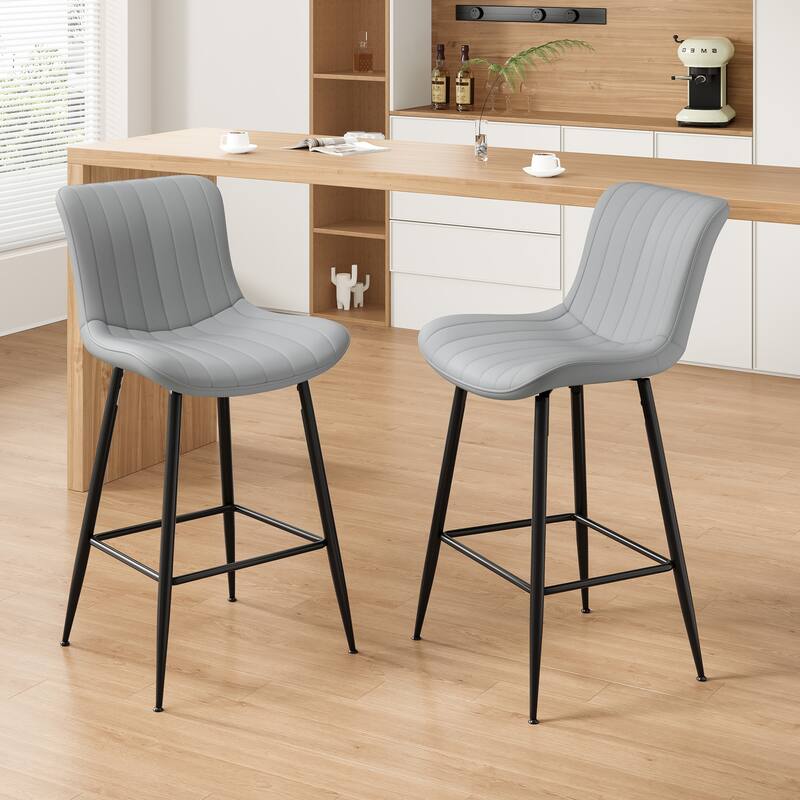 Counter Stools Set of 2, Faux Leather Counter Height Bar Stools, Modern Dining Table Chairs with Metal Legs - Grey