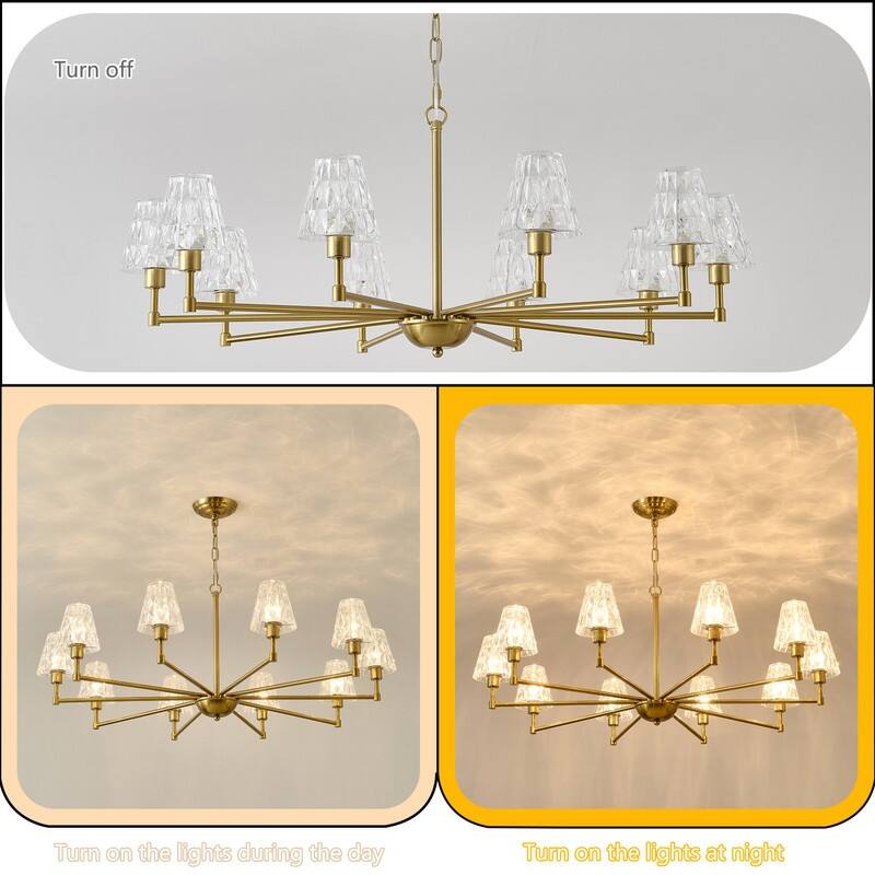 Mid Century Gold Chandelier Modern Pendant Light with Glass Lampshade