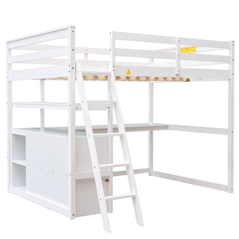 Full Size Loft Bed with Desk, Shelves, and Two Built-in Drawers in White