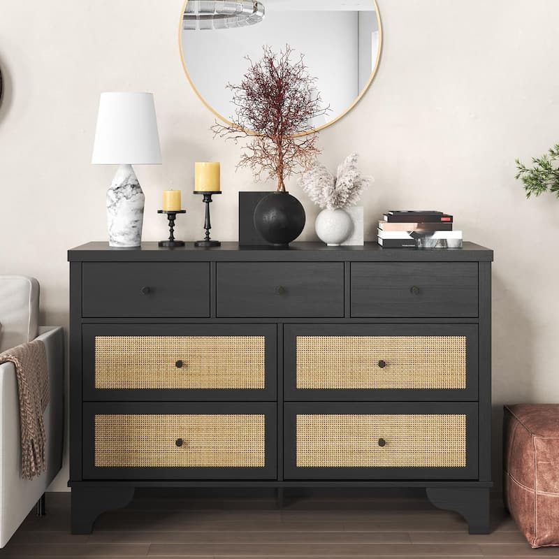 Dresser for Bedroom with 7 Drawers, Wide Chest of Drawers with Rattan Fronts and Sturdy Base for Entryway or Hallway