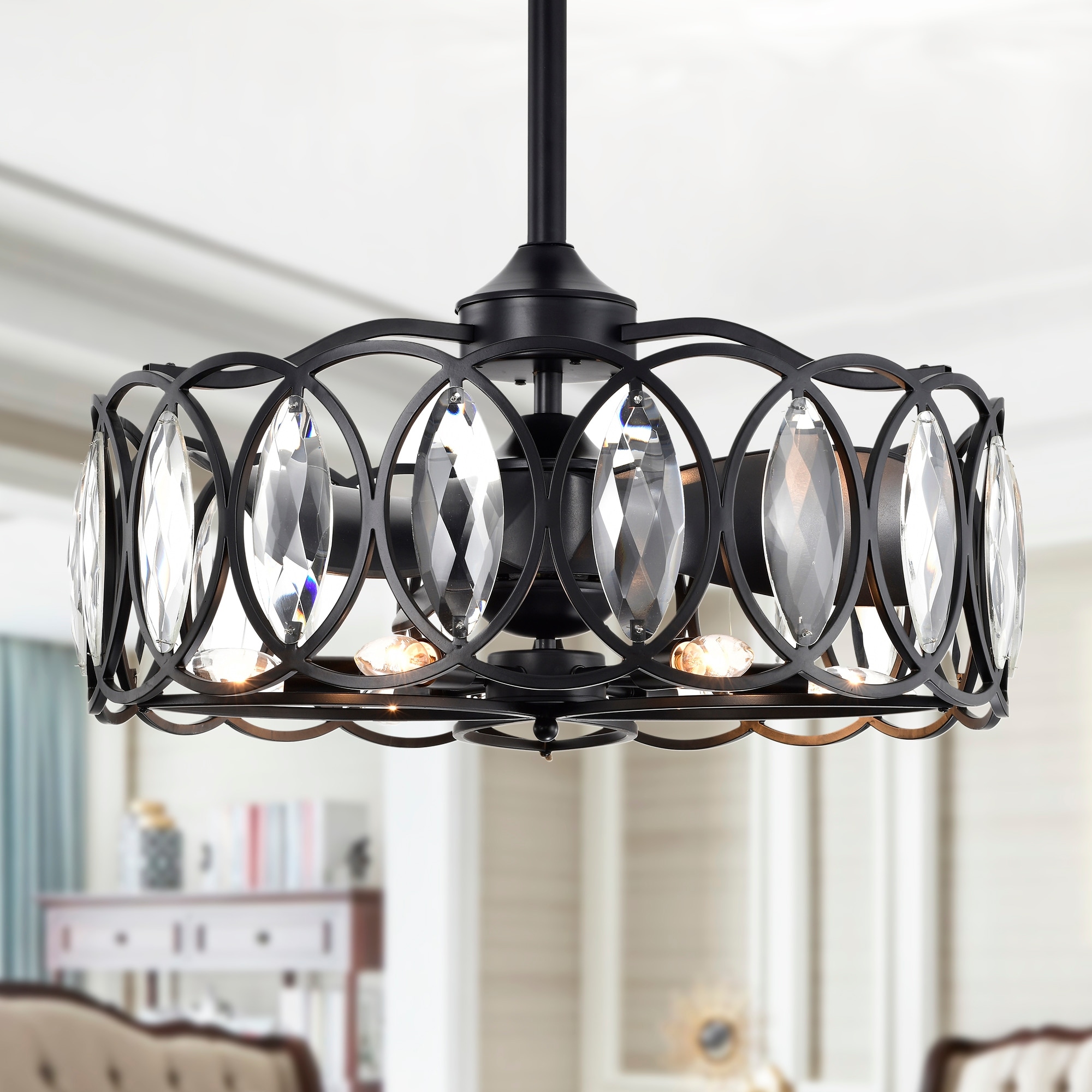 Warehouse of Tiffany Dakanda 24 Inch Matte Black finish 6 Light, 3 Blade Crystal Ceiling Fandelier with Remote