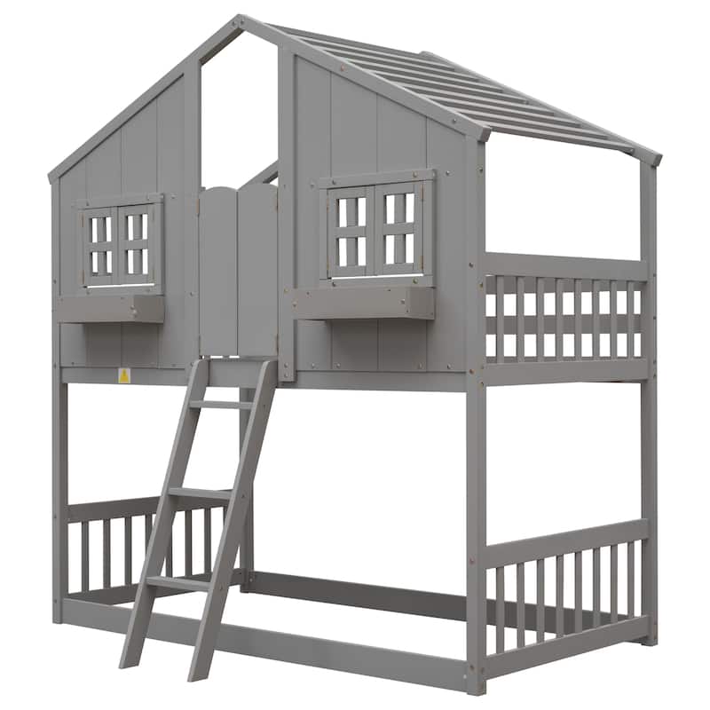 Twin over Twin House Bunk Bed with Roof, with Safety Guardrails and Ladder, Grey