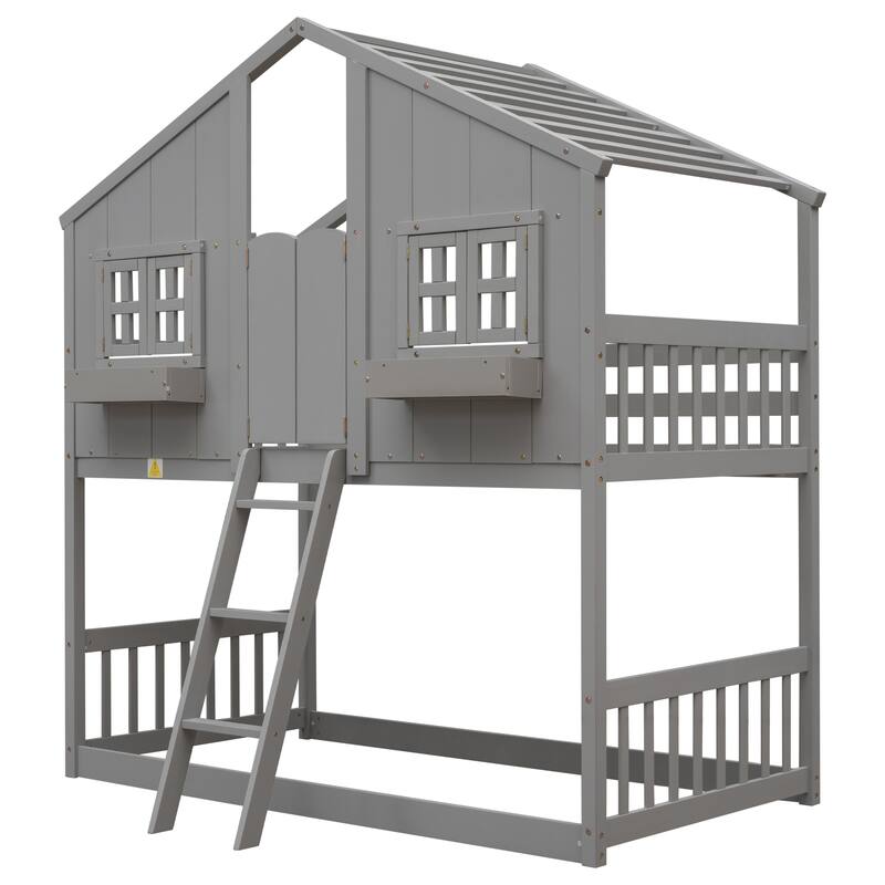 Wood House Twin Bunk Bed with Full-Length Guardrails and Ladder