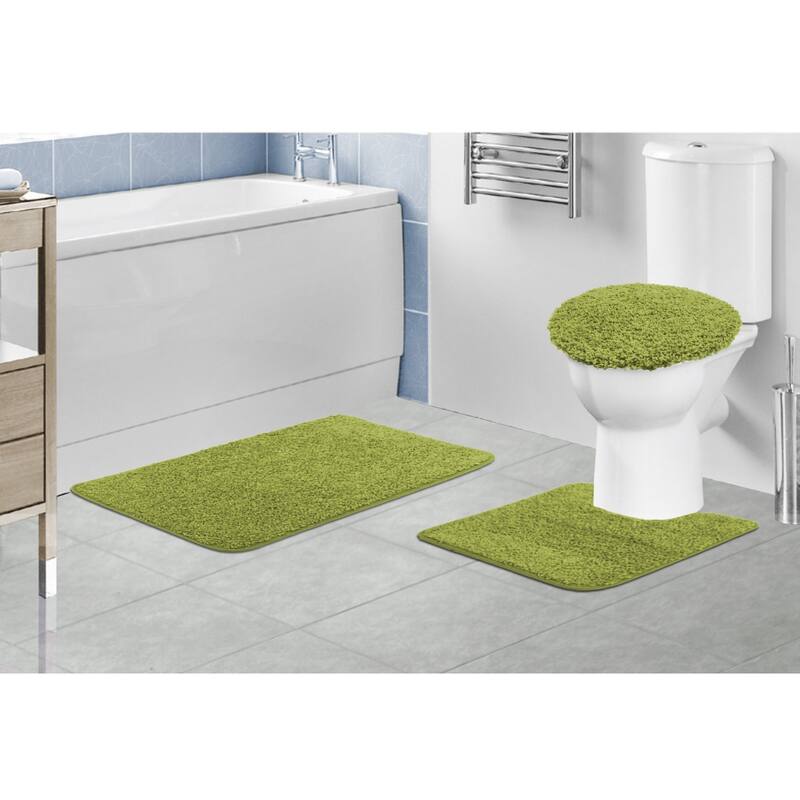 Layla 3 PC Shaggy Bathroom Rug Set, Bath Mat, Contour Rug, Lid Cover, Solid Colors