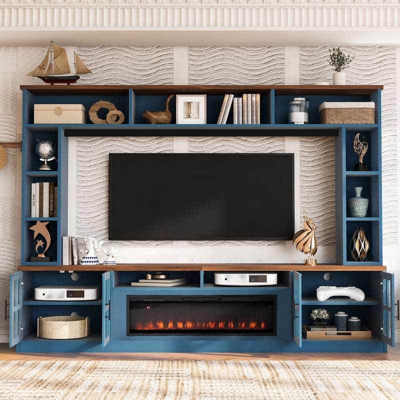 Modern 95.5" Wall Unit Entertainment Center with Bookshelves for TVs up to 80" with Electric Fireplace and Adjustable Shelves - Navy Blue