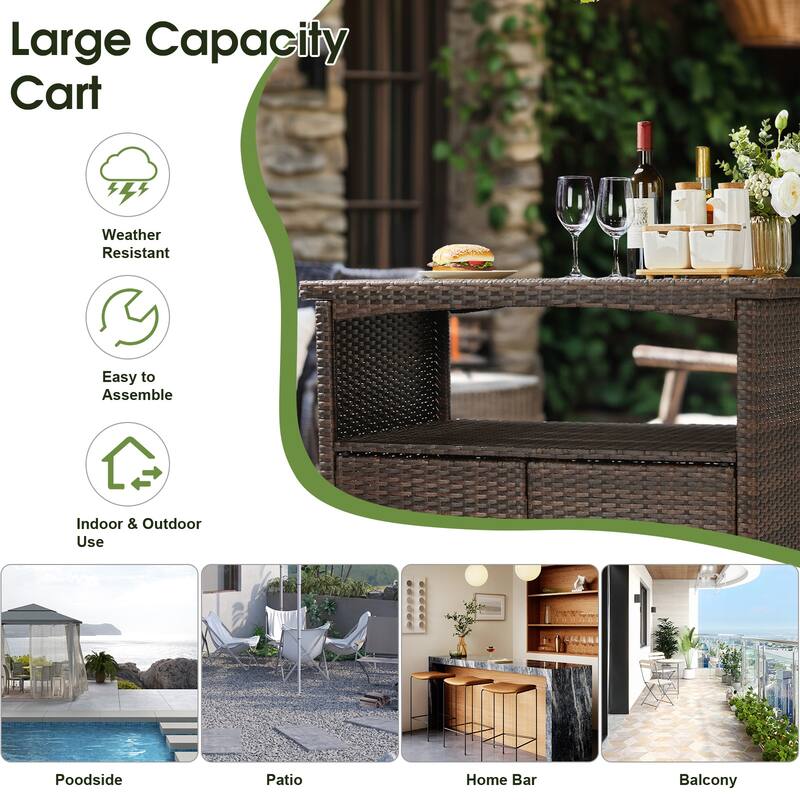 Outdoor Bar Cart with Storage Cabinet and Rolling Wheels - 39.4" x 21.7" x 34.6"