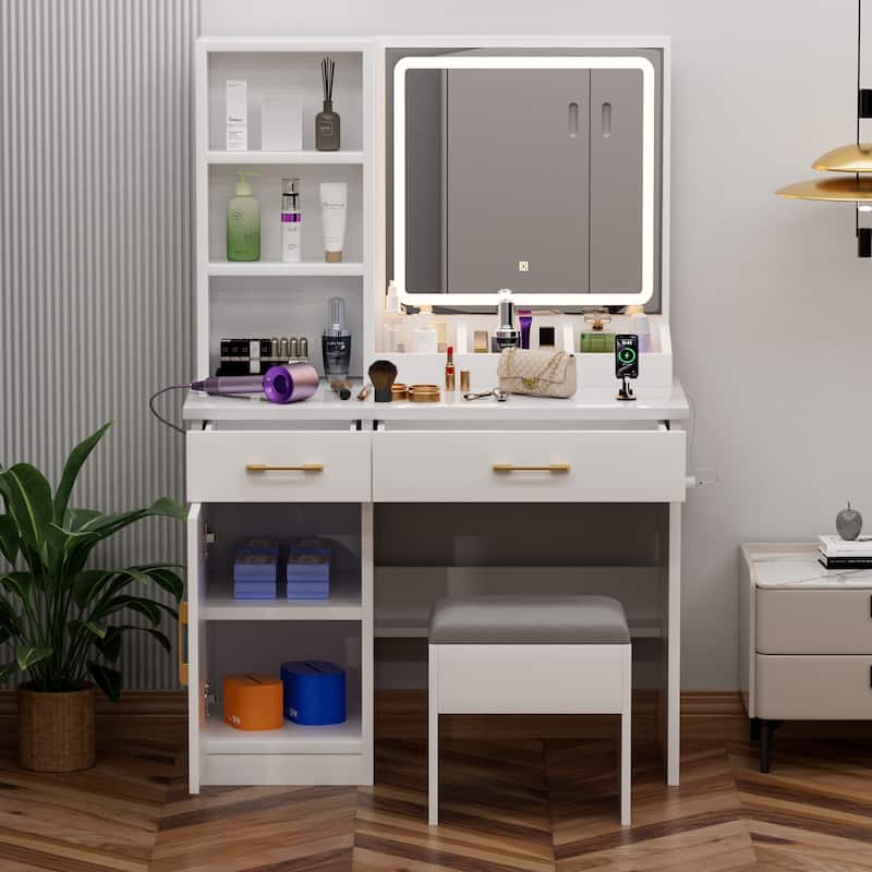 Makeup Vanity Desk with Mirror & Lights, Dressing Table with Power Outlet, 3 Light Modes, Drawers and Storage Stool
