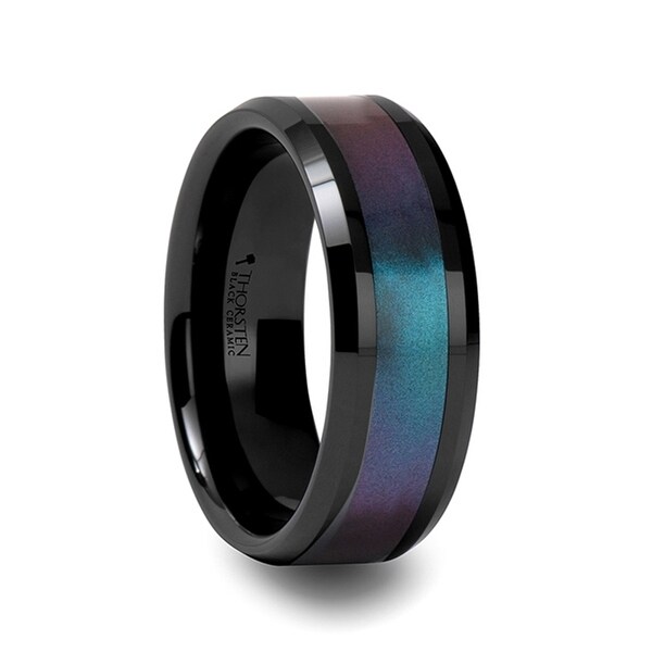 THORSTEN - BARRACUDA Black Ceramic Ring with Bevels and Blue-Purple Color Changing Inlay