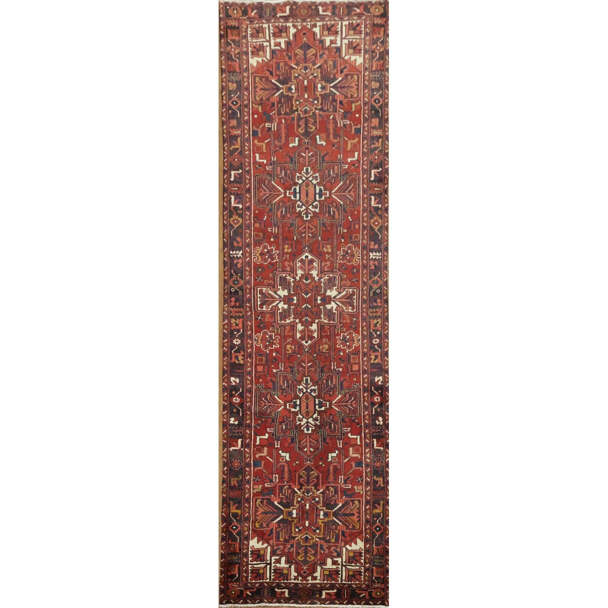 Hand Knotted Oriental 100% Wool Carpet Traditional Tribal Red Heriz Runner Rug - 12' 2'' X 3' 5''