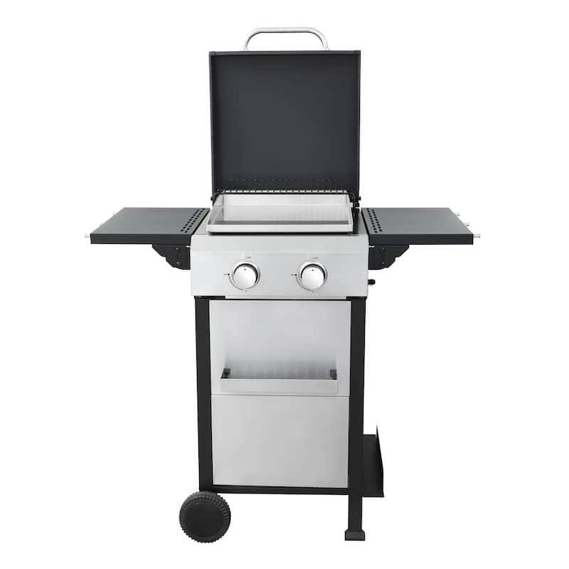 2-Burner Propane Gas BBQ Grill, SS Plancha, 24600BTU Output With Wire Enamel Cooking Grids For Outdoor Barbecue