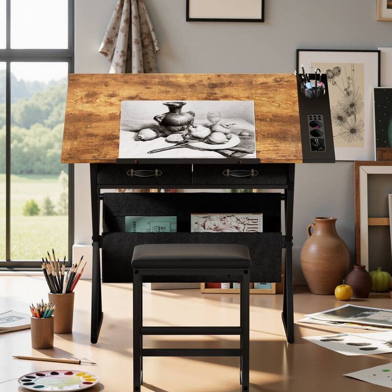 VECELO Drafting Table Set with Stool Set of 2 Tilting Art Desk with Pencil Ledge Storage Drawers with X-Frame for Home Studio