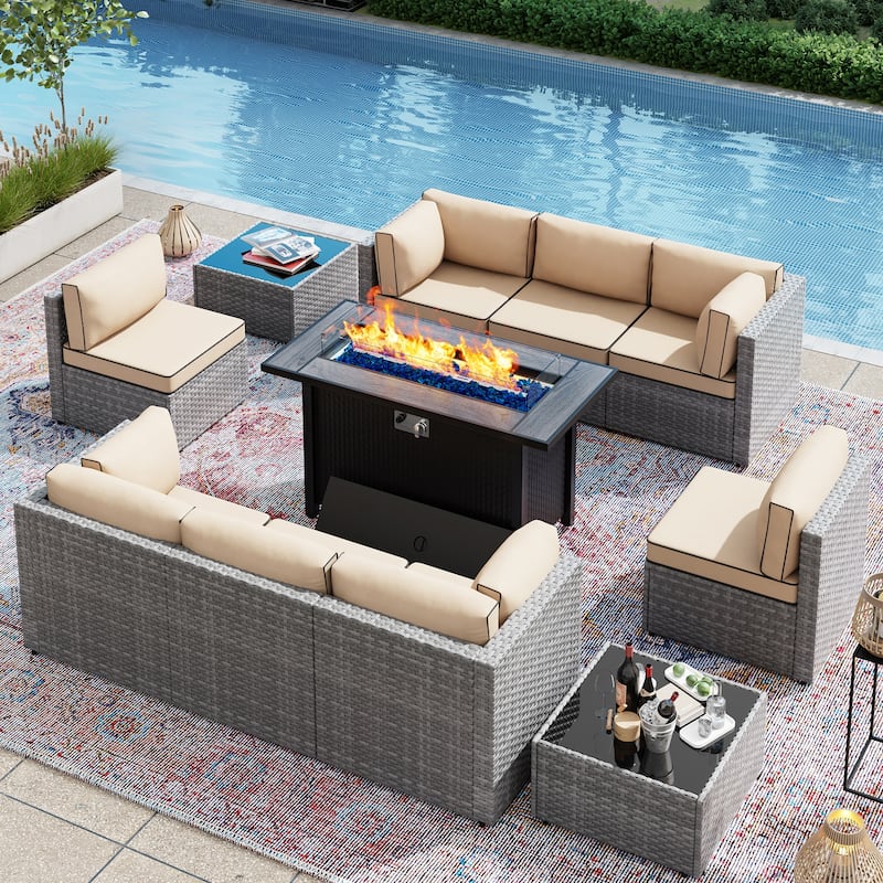 11 Piece Sectional Seating Group with Fire Pit and Cushion - Khaki/Silver