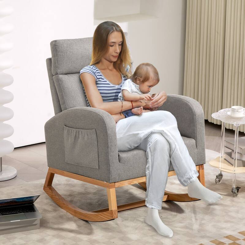 Nursery Chair Rocking Chair Glider Chair, Upholstered Accent Chair with Rubber Wood Legs, Comfy High Backrest, Side Pockets