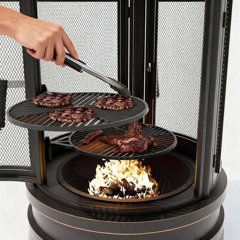 Kullavik Outdoor Metal Chiminea Wood Burning Fire Pit with 3 Door and Adjustable Grill - Black