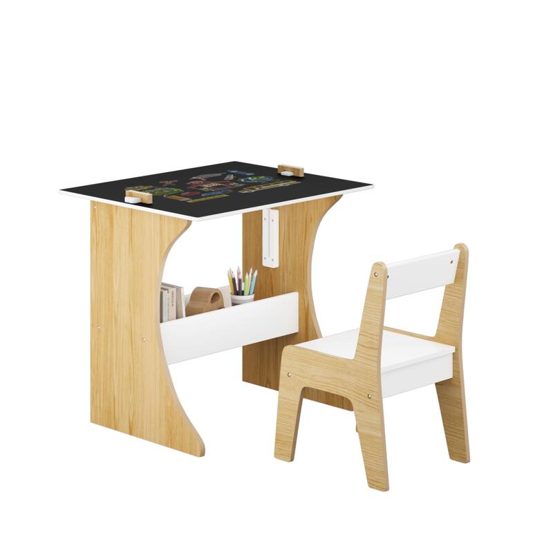 Kids Table Set (1 Chair), Multifunctional Solid Wood Desk - Convertible Top for Learn/Draw/Play, Natural Wood - 22*23*19