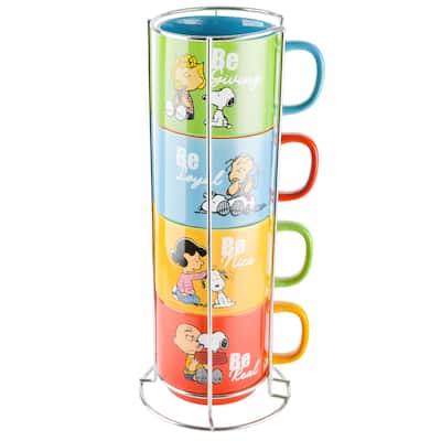 Peanuts 4 Pack 15 OZ Stackable Mugs with a Rack