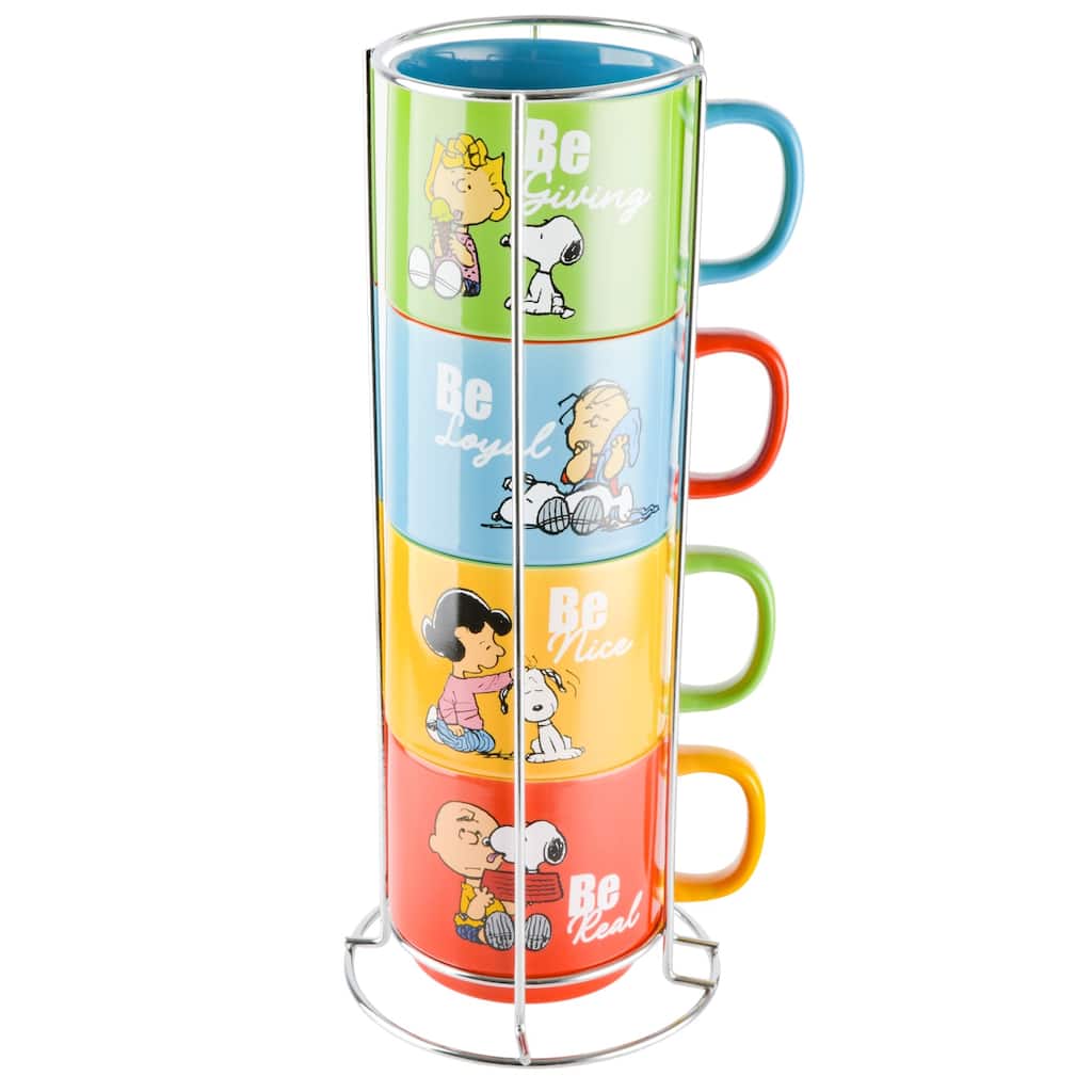 Peanuts 4 Pack 15 OZ Stackable Mugs with a Rack