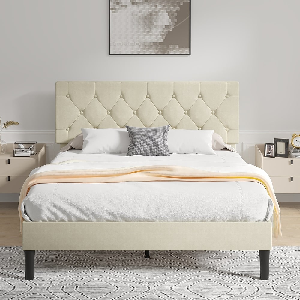 VECELO Tufted Upholstered Linen Bed Platform Bed Frame with Upholstered Headboard, Button Tufted Design