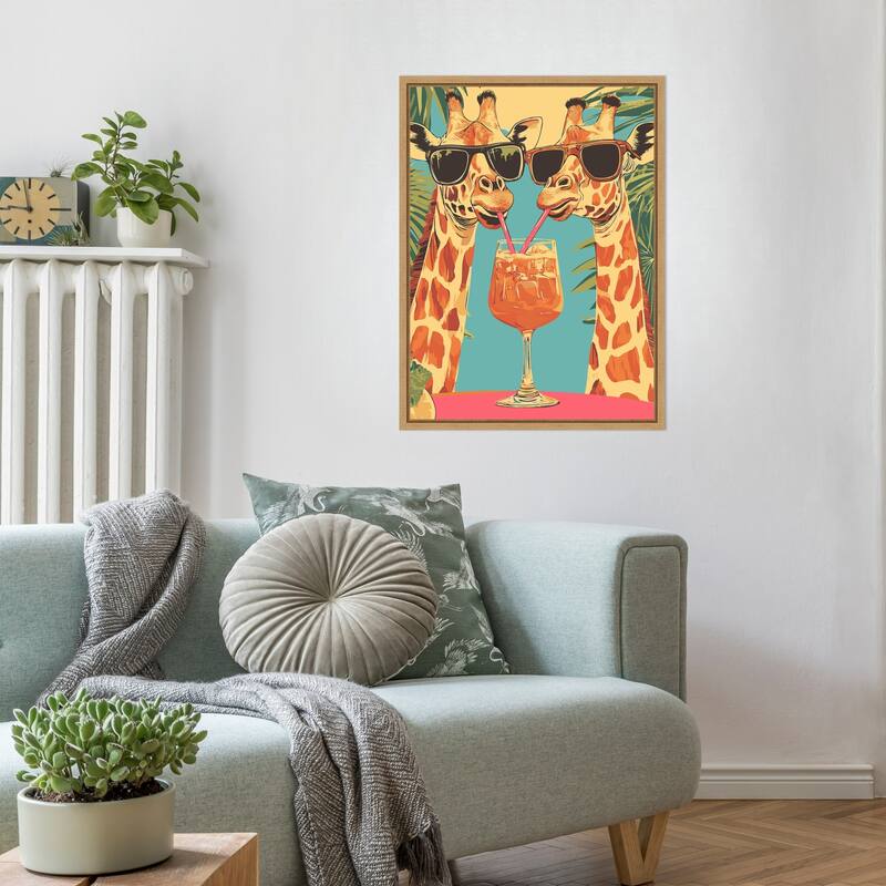 Giraffes Sharing a Drink by Andreas Magnusson Framed Canvas Wall Art