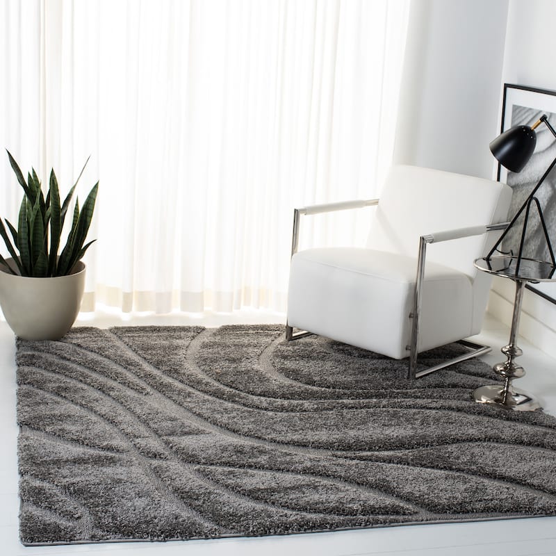 SAFAVIEH Florida Shag Sigtraud Abstract Waves 1.2-inch Thick Rug - 8' Square - Grey - Square