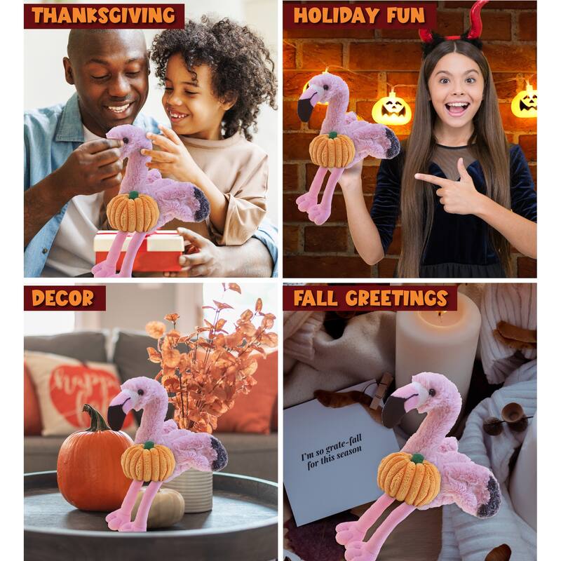 DolliBu Soft Pink Flamingo Stuffed Animal with Pumpkin Plush Decor - 10 inches