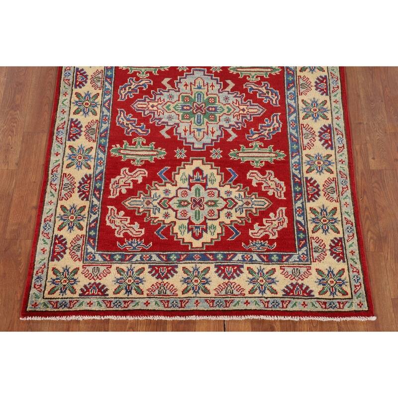 Red Geometric Kazak Foyer Rug Hand-Knotted Oriental Wool Carpet - 3'5" x 5'2"