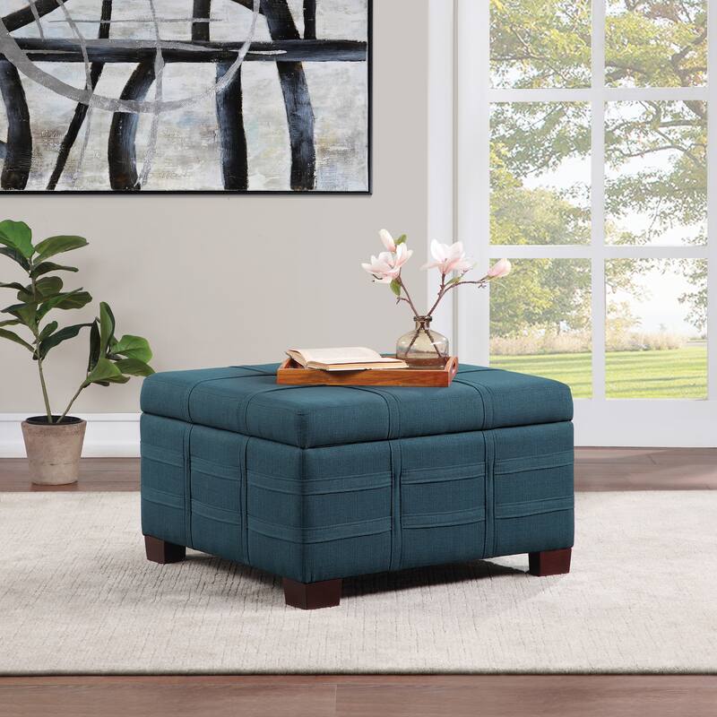 Detour Strap Square Storage Ottoman in Faux Leather - Azure