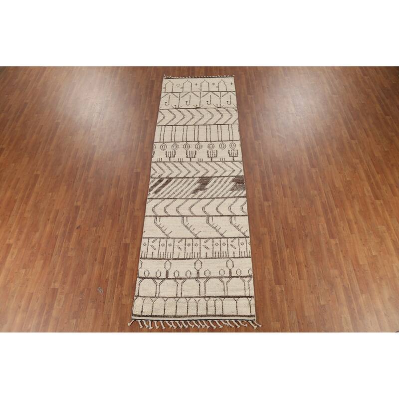 Ivory Moroccan Runner Rug Handmade Wool Carpet - 3'10"x 12'7"