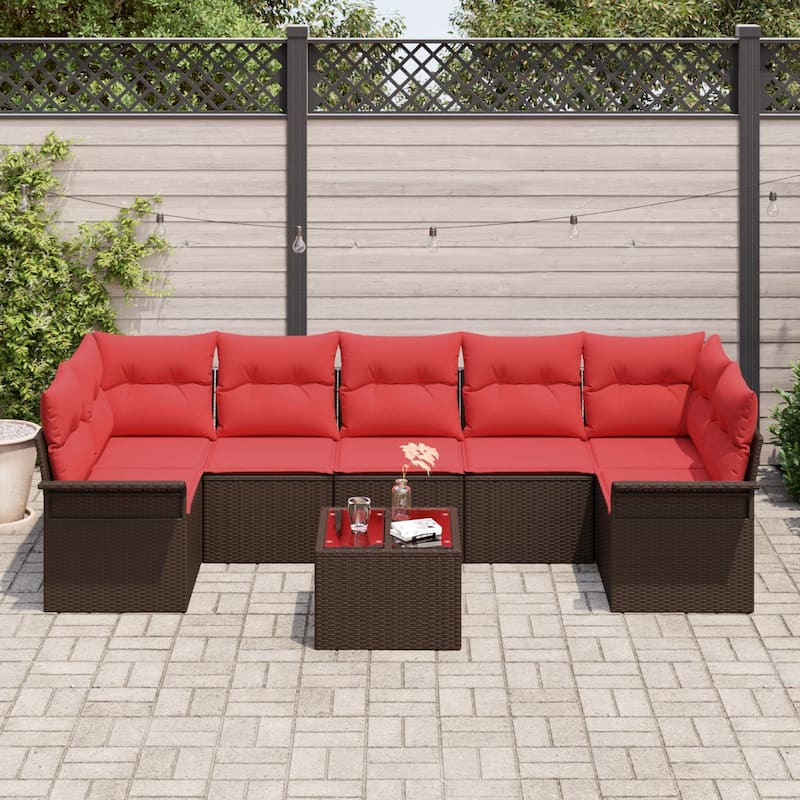 vidaXL 8-Seater Garden Sofa with Cushions Black/Brown/Grey Poly Rattan - 52.2 x 113.8 x 27.2